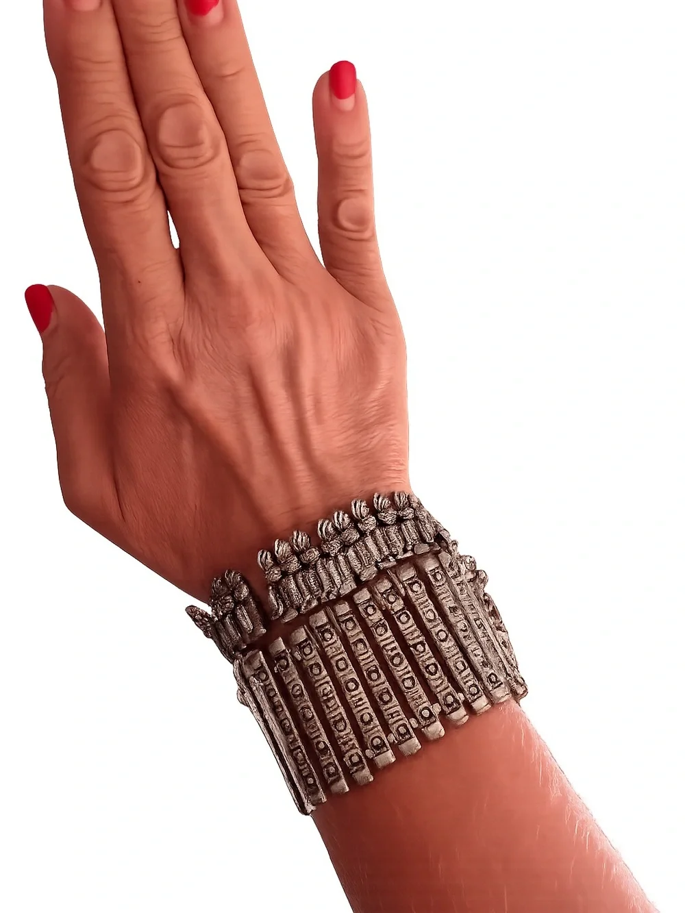 Ornate Silver Tone Wide Cuff Bracelet Boho Tribal Statement Fringe